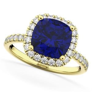 Cushion Cut Halo Blue Sapphire and Diamond Engagement Ring 14k Yellow Gold 3.11ct - All