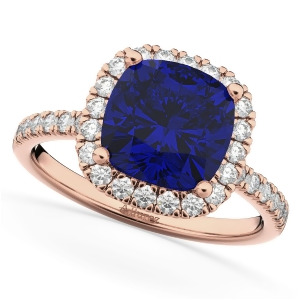 Cushion Cut Halo Blue Sapphire and Diamond Engagement Ring 14k Rose Gold 3.11ct - All