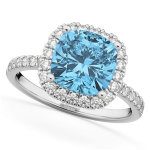 Cushion Cut Halo Blue Topaz and Diamond Engagement Ring 14k White Gold 3.11ct - All
