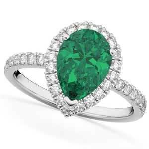 Pear Cut Halo Emerald and Diamond Engagement Ring 14K White Gold 3.21ct - All