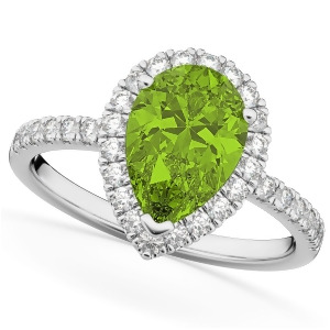 Pear Cut Halo Peridot and Diamond Engagement Ring 14K White Gold 1.91ct - All