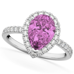 Pear Cut Halo Pink Sapphire and Diamond Engagement Ring 14K White Gold 3.01ct - All