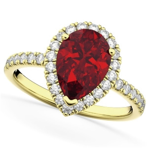 Pear Cut Halo Ruby and Diamond Engagement Ring 14K Yellow Gold 3.01ct - All