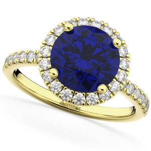 Halo Blue Sapphire and Diamond Engagement Ring 14K Yellow Gold 2.80ct - All