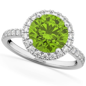 Halo Peridot and Diamond Engagement Ring 14K White Gold 2.50ct - All