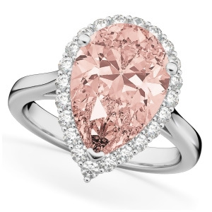 Pear Cut Halo Morganite and Diamond Engagement Ring 14K White Gold 4.74ct - All