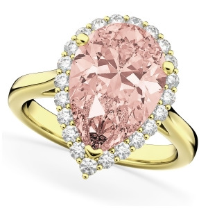 Pear Cut Halo Morganite and Diamond Engagement Ring 14K Yellow Gold 4.74ct - All