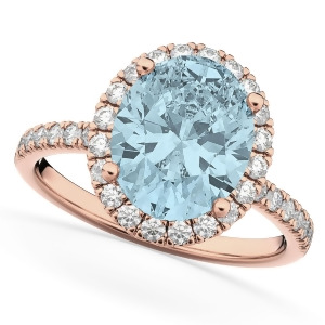 Oval Cut Halo Aquamarine and Diamond Engagement Ring 14K Rose Gold 2.76ct - All