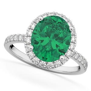 Oval Cut Halo Emerald and Diamond Engagement Ring 14K White Gold 3.11ct - All