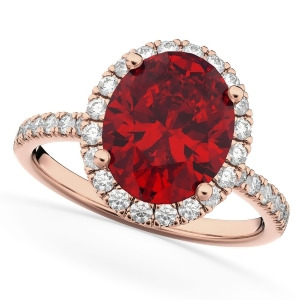 Oval Cut Halo Ruby and Diamond Engagement Ring 14K Rose Gold 3.66ct - All
