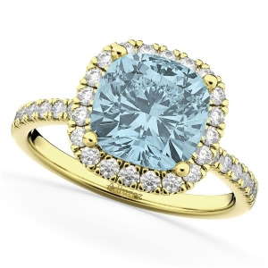 Cushion Cut Halo Aquamarine and Diamond Engagement Ring 14k Yellow Gold 3.11ct - All