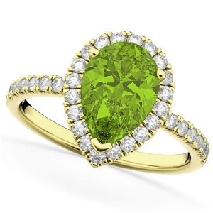 Pear Cut Halo Peridot and Diamond Engagement Ring 14K Yellow Gold 1.91ct - All