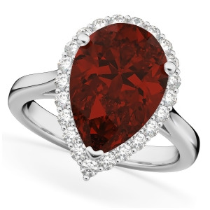 Pear Cut Halo Garnet and Diamond Engagement Ring 14K White Gold 6.24ct - All