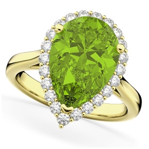 Pear Cut Halo Peridot and Diamond Engagement Ring 14K Yellow Gold 5.19ct - All
