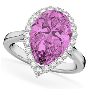 Pear Cut Halo Pink Sapphire and Diamond Engagement Ring 14K White Gold 8.34ct - All