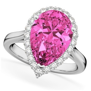 Pear Cut Halo Pink Tourmaline and Diamond Engagement Ring 14K White Gold 7.19ct - All