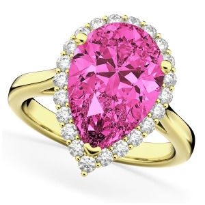 Pear Cut Halo Pink Tourmaline and Diamond Engagement Ring 14K Yellow Gold 7.19ct - All