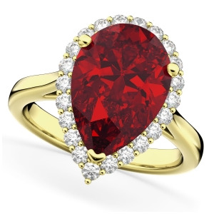 Pear Cut Halo Ruby and Diamond Engagement Ring 14K Yellow Gold 8.34ct - All