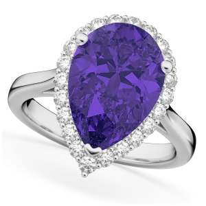Pear Cut Halo Tanzanite and Diamond Engagement Ring 14K White Gold 8.34ct - All