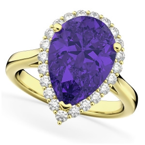 Pear Cut Halo Tanzanite and Diamond Engagement Ring 14K Yellow Gold 8.34ct - All