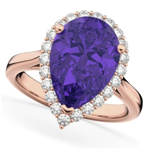 Pear Cut Halo Tanzanite and Diamond Engagement Ring 14K Rose Gold 8.34ct - All