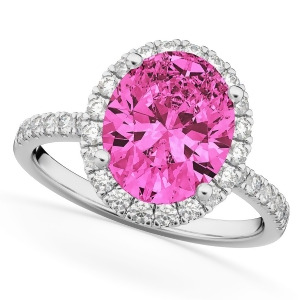 Oval Cut Halo Pink Tourmaline and Diamond Engagement Ring 14K White Gold 3.41ct - All