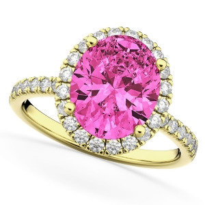 Oval Cut Halo Pink Tourmaline and Diamond Engagement Ring 14K Yellow Gold 3.41ct - All