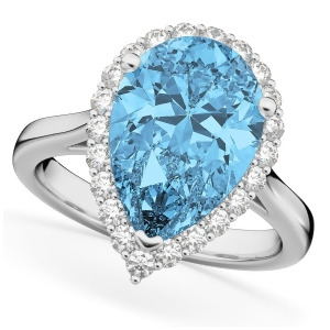Pear Cut Halo Blue Topaz and Diamond Engagement Ring 14K White Gold 8.94ct - All