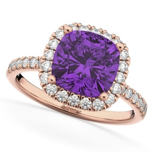 Cushion Cut Halo Amethyst and Diamond Engagement Ring 14k Rose Gold 3.11ct - All