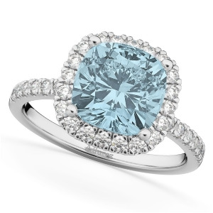 Cushion Cut Halo Aquamarine and Diamond Engagement Ring 14k White Gold 3.11ct - All