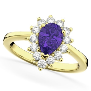 Halo Tanzanite and Diamond Floral Pear Shaped Fashion Ring 14k Yellow Gold 1.27ct - All