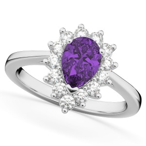 Halo Amethyst and Diamond Floral Pear Shaped Fashion Ring 14k White Gold 1.07ct - All