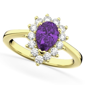 Halo Amethyst and Diamond Floral Pear Shaped Fashion Ring 14k Yellow Gold 1.07ct - All