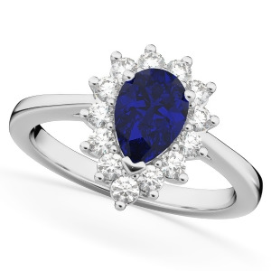 Halo Blue Sapphire and Diamond Floral Pear Shaped Fashion Ring 14k White Gold 1.27ct - All