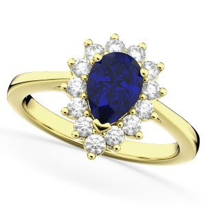 Halo Blue Sapphire and Diamond Floral Pear Shaped Fashion Ring 14k Yellow Gold 1.27ct - All