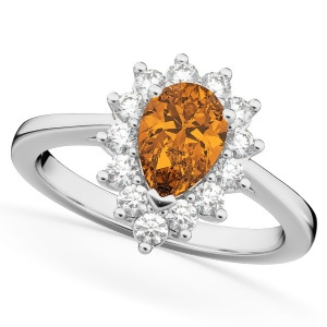 Halo Citrine and Diamond Floral Pear Shaped Fashion Ring 14k White Gold 1.07ct - All