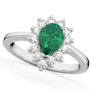 Halo Emerald and Diamond Floral Pear Shaped Fashion Ring 14k White Gold 1.12ct - All