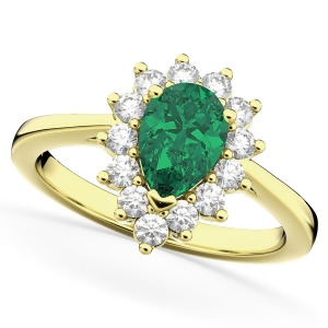 Halo Emerald and Diamond Floral Pear Shaped Fashion Ring 14k Yellow Gold 1.12ct - All