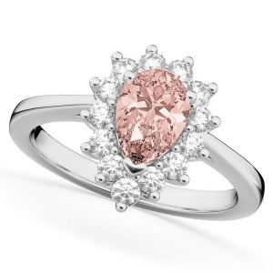 Halo Morganite and Diamond Floral Pear Shaped Fashion Ring 14k White Gold 1.07ct - All