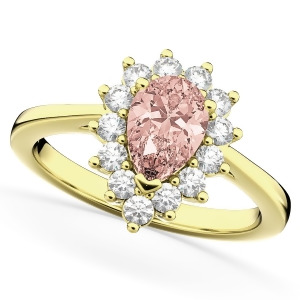 Halo Morganite and Diamond Floral Pear Shaped Fashion Ring 14k Yellow Gold 1.07ct - All