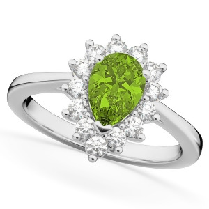 Halo Peridot and Diamond Floral Pear Shaped Fashion Ring 14k White Gold 1.12ct - All