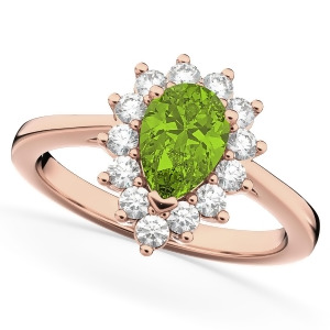 Halo Peridot and Diamond Floral Pear Shaped Fashion Ring 14k Rose Gold 1.12ct - All