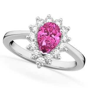 Halo Pink Tourmaline and Diamond Floral Pear Shaped Fashion Ring 14k White Gold 1.02ct - All