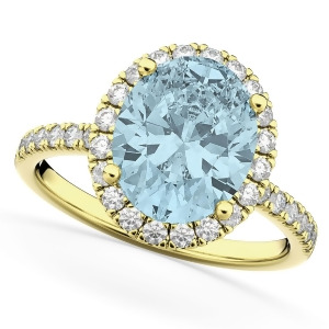 Oval Cut Halo Aquamarine and Diamond Engagement Ring 14K Yellow Gold 2.76ct - All