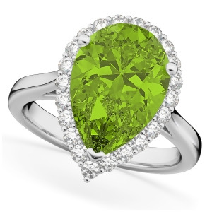 Pear Cut Halo Peridot and Diamond Engagement Ring 14K White Gold 5.19ct - All