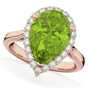Pear Cut Halo Peridot and Diamond Engagement Ring 14K Rose Gold 5.19ct - All