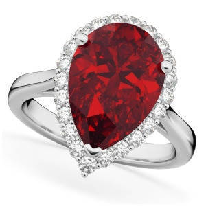 Pear Cut Halo Ruby and Diamond Engagement Ring 14K White Gold 8.34ct - All