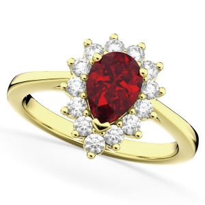 Halo Ruby and Diamond Floral Pear Shaped Fashion Ring 14k Yellow Gold 1.27ct - All