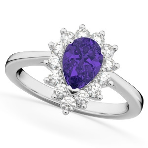 Halo Tanzanite and Diamond Floral Pear Shaped Fashion Ring 14k White Gold 1.27ct - All