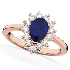 Halo Blue Sapphire and Diamond Floral Pear Shaped Fashion Ring 14k Rose Gold 1.27ct - All